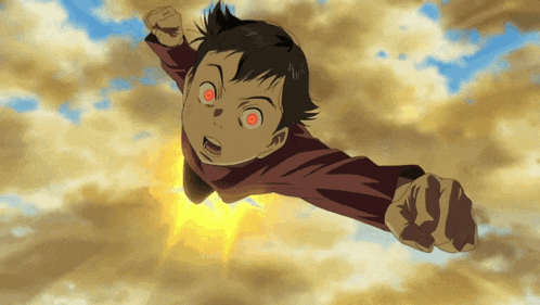 a boy with red eyes is flying in the sky