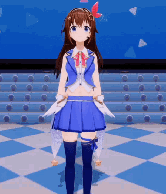a girl in a blue dress is standing on a checkerboard floor