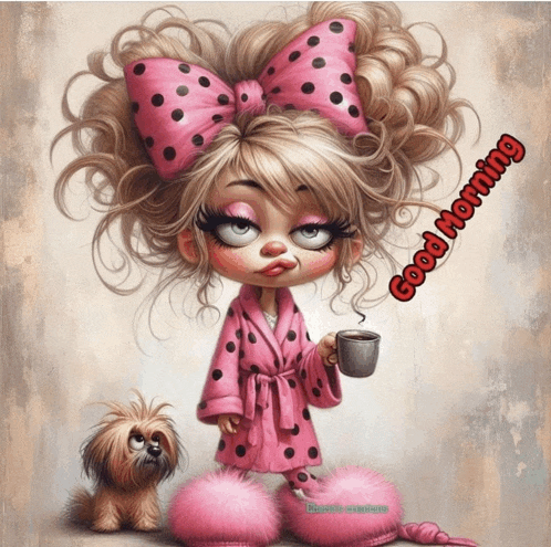 a cartoon girl with a bow on her head is holding a cup of coffee