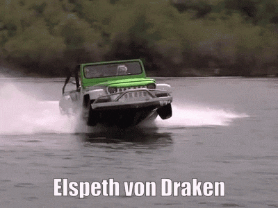 a green jeep is driving through a body of water with the words elspeth von draken below it