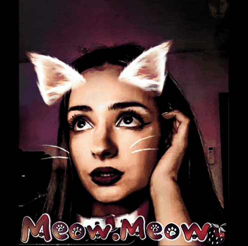 a picture of a woman with cat ears and the words meow meow on the bottom