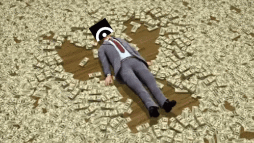 a man in a suit and tie is laying in a pile of money with a smiley face on his head