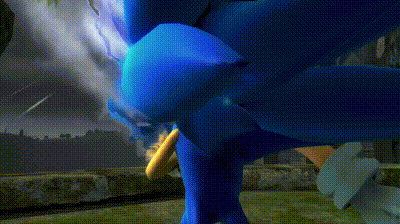 a close up of a blue cartoon character in a video game standing on a grassy field .