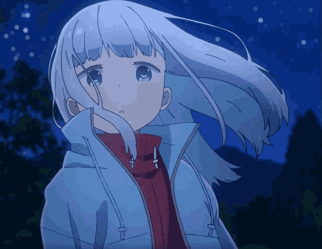 a girl with white hair wearing a blue jacket and a red sweater
