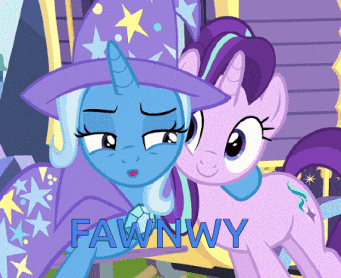a cartoon of two ponies with the word fawnwy on the bottom right