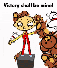 a drawing of a cartoon character with the words " victory shall be mine " above him