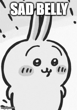 a black and white drawing of a bunny with the words `` sad belly '' written on it .