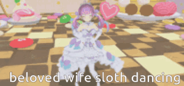 a cartoon of a beloved wife sloth dancing on a checkered floor
