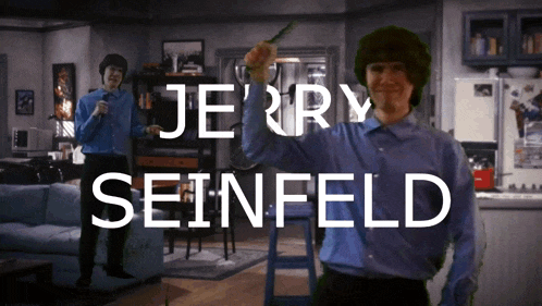 jerry seinfeld is shown in a living room holding a knife