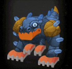 a cartoon drawing of a blue monster with orange feet and arms