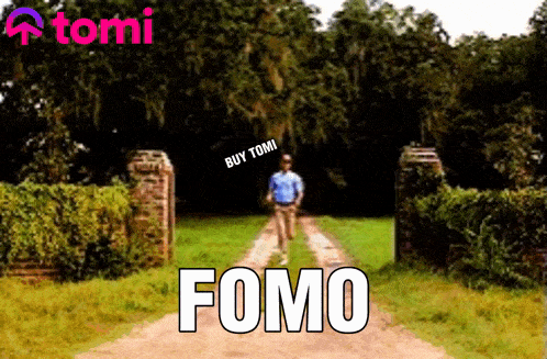 a picture of a man walking down a dirt road with the word fomo on it