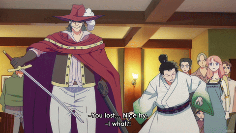 a man holding a sword says " you lost nice try "