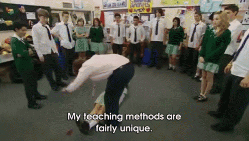 a group of students in a classroom with the words " my teaching methods are fairly unique " on the bottom