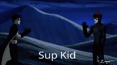 two cartoon characters standing next to each other with the words sup kid above them