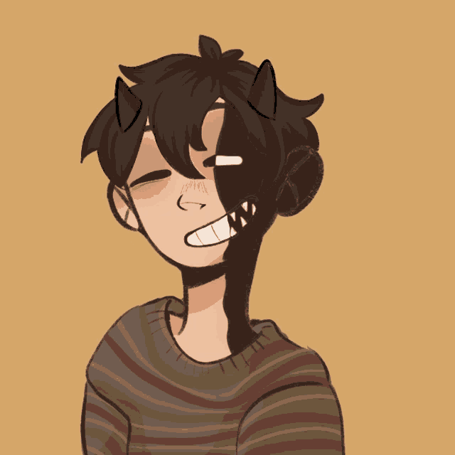 a drawing of a boy with horns and a bandaged face