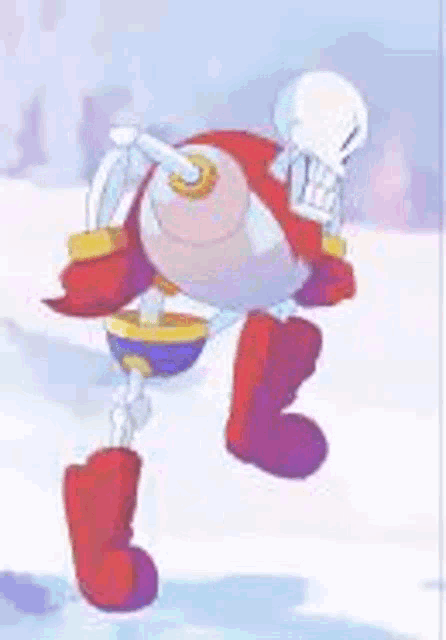 papyrus from undertale is standing in the snow wearing red boots and a cape .