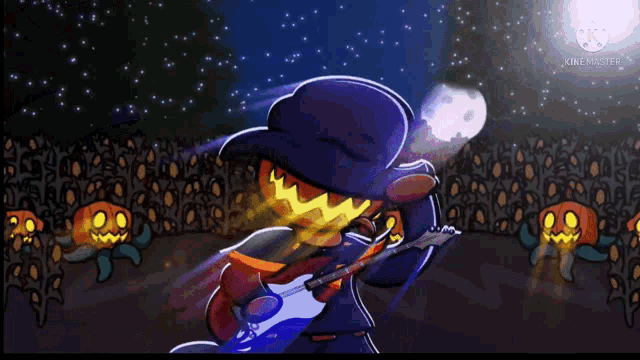 a man with a pumpkin head is playing a guitar in front of a crowd