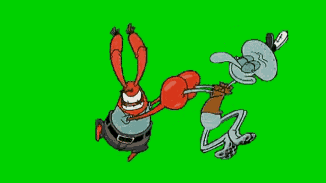 a cartoon of a crab and squidward from spongebob squarepants fighting each other on a green screen .