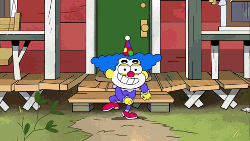 a cartoon clown wearing a party hat is standing in front of a house
