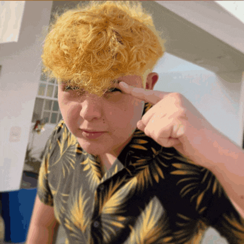 a young man with blonde hair is pointing at his eyebrows