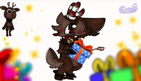 a cartoon reindeer is holding a blue gift box in its paws .