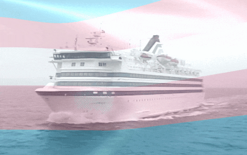 a cruise ship in the ocean with a pink and blue flag in the background