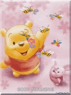 winnie the pooh and piglet are standing next to each other on a pink background with bees flying around them .