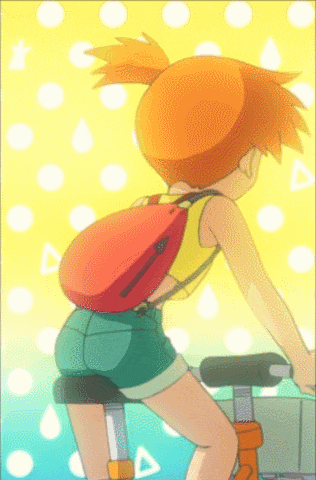 a cartoon of a girl riding a bike with a red backpack