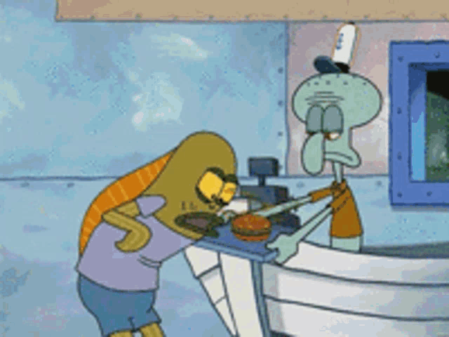 squidward from spongebob squarepants is getting a hamburger from a woman