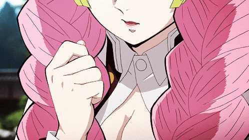 a close up of a girl with pink hair and a fist
