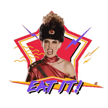 a pixel art of a woman with the words eat it on the bottom right