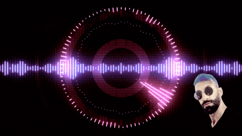 a man with a beard and sunglasses is standing in front of a purple and pink equalizer