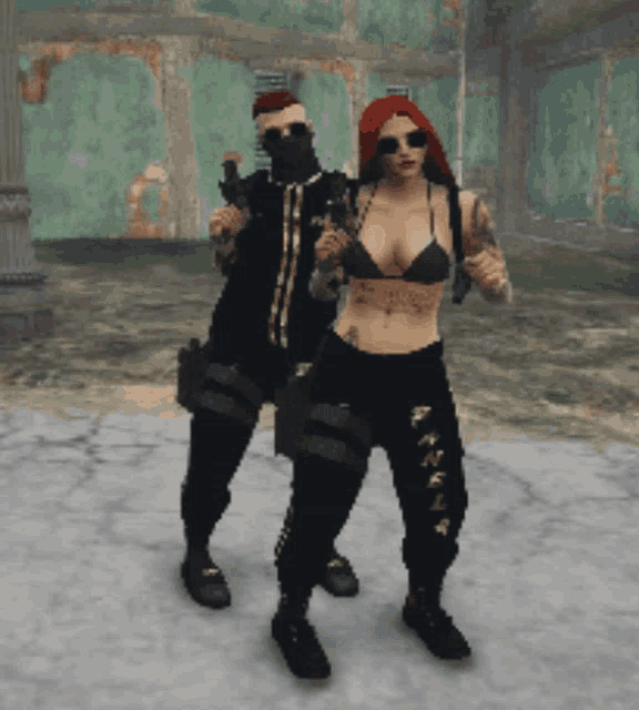 a man and a woman standing next to each other holding guns