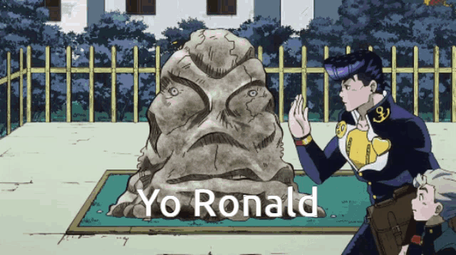 a cartoon of a man standing next to a rock with the words yo ronald written on it