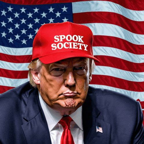 donald trump wearing a red hat that says spook society in front of an american flag