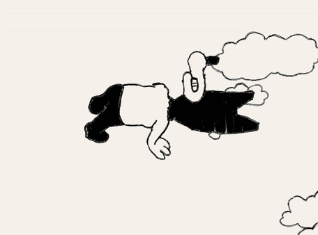 a black and white drawing of a person flying through the air with a cloud in the background .