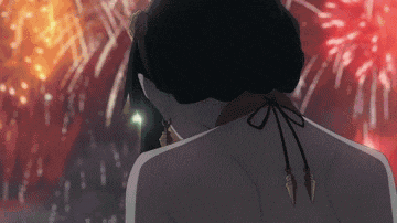 a woman is looking at fireworks in the background .
