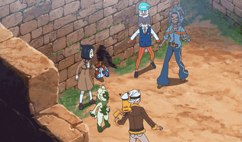 a group of cartoon characters are standing next to a brick wall