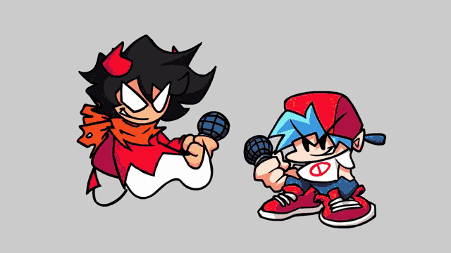 a cartoon character holding a microphone next to another cartoon character