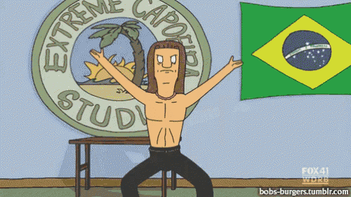 a cartoon character stands in front of a sign that says extreme capoeira