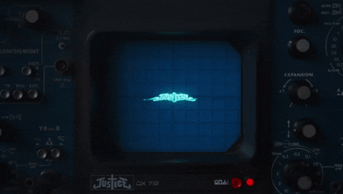 the word justice is glowing on a blue screen