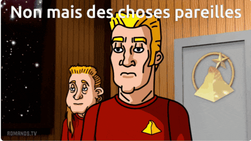 a cartoon of a man in a red shirt with the words non mais des choses pareilles above him
