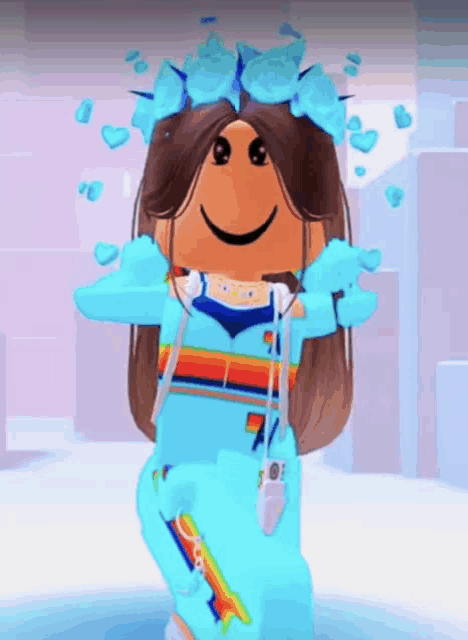 a girl in a blue outfit with a flower crown on her head is smiling