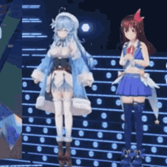 two anime girls are standing next to each other on a stage in front of a wall of lights .