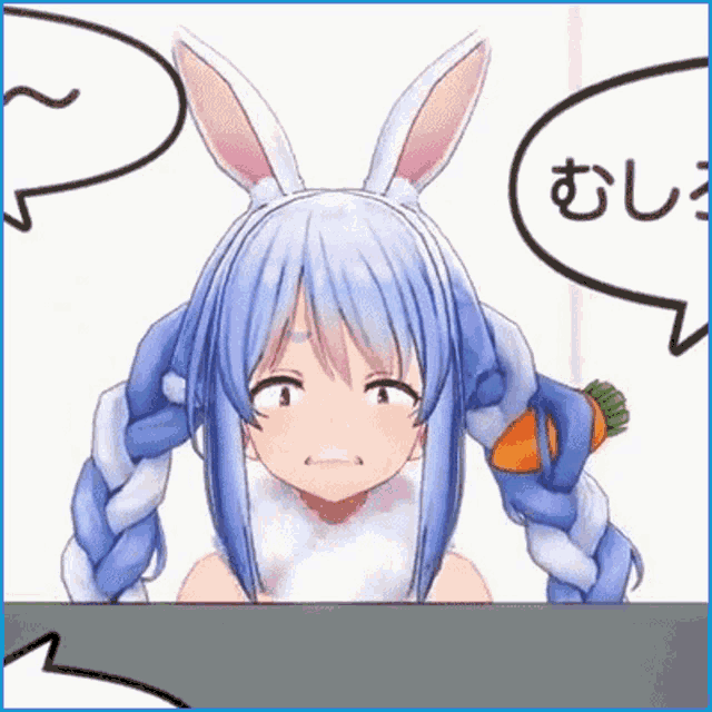 a 3d anime girl with bunny ears and a carrot in her hair is making a funny face .