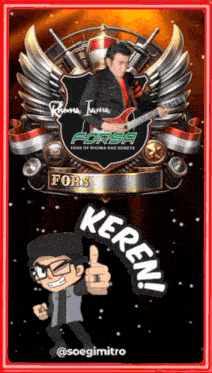 a cartoon of a man playing a guitar with the name fors written on it