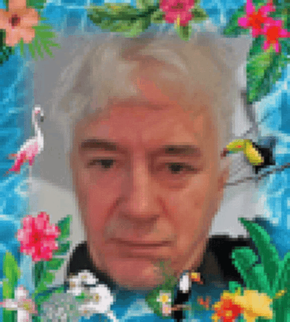 a pixelated image of a man surrounded by flowers
