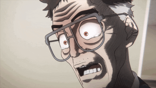 a close up of a cartoon character wearing glasses and making a funny face
