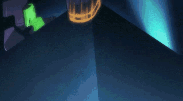 a purple and blue background with a glowing green object in the middle