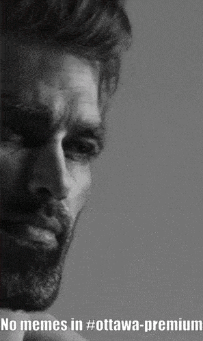 a black and white photo of a man with the caption " no memes in # ottawa-premium "
